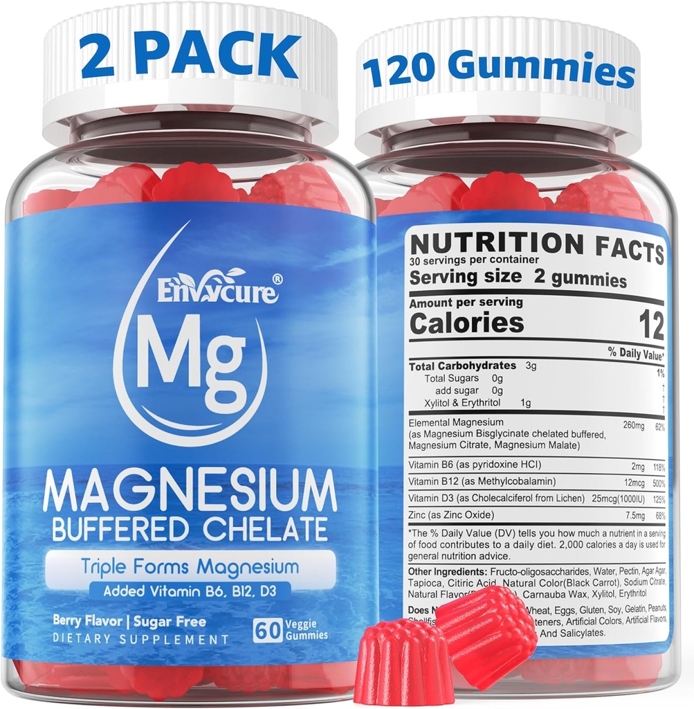 Magnesium Gummies - Complejo de Magnesio Triple, Magnesium Glycinate Gummies ← Magnesium Glycinate, Malate, Citrate w/ D3 B6 B12, para la calma, el sueño &amp; el músculo cárntico ← Absorción alta ¦ Vegan, 2 Pack