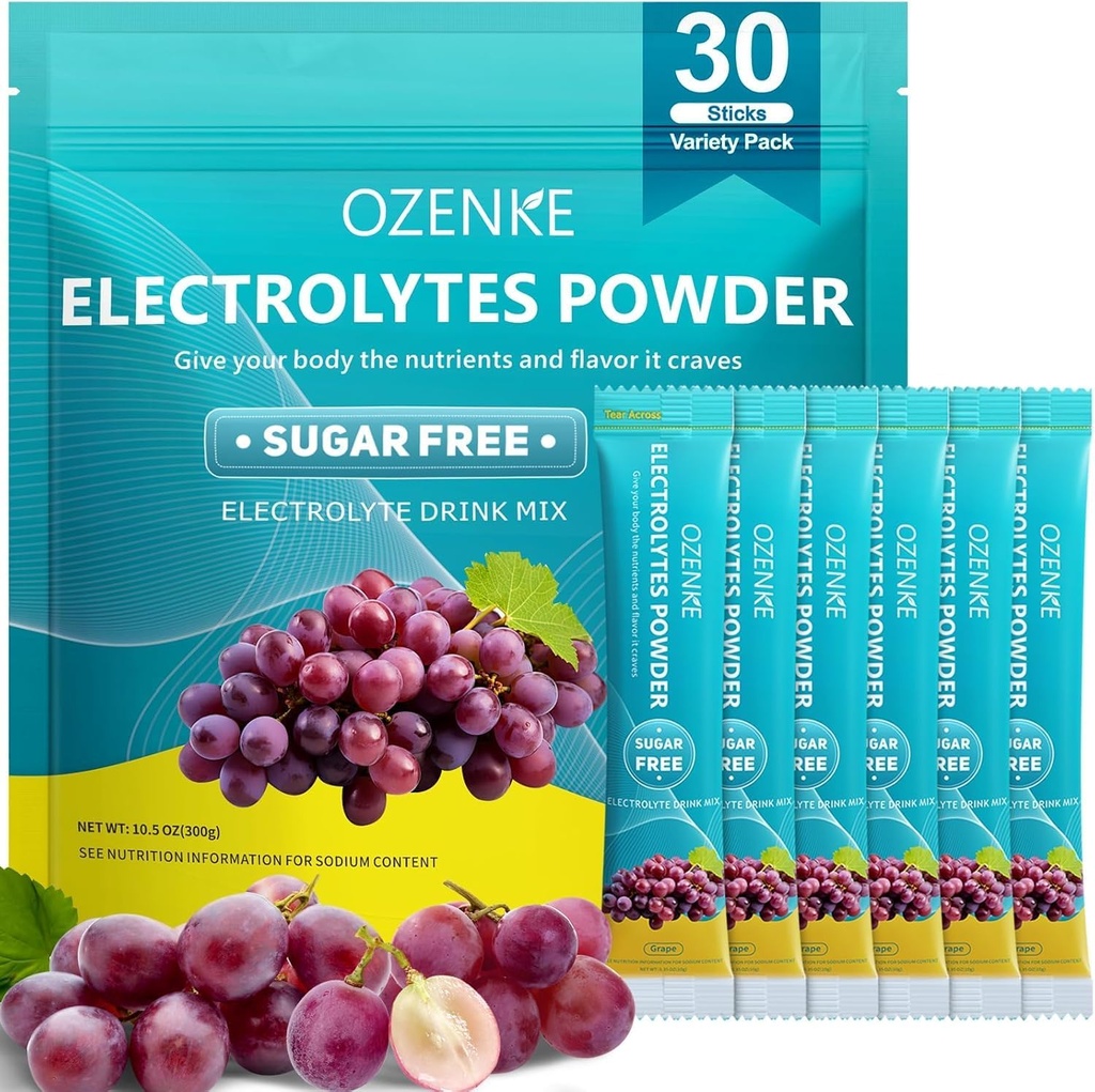Electrolytes Packets de polvo, 30 Sticks Hydration Packets Sugar Gratis, Electrolyte Drink Mix Portable Electrolyte Packets for Rapid Hydration, 0 Sugar > 0 Calorie, Grape Flavor
