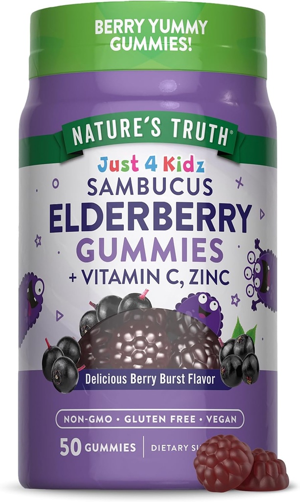 La verdad de la naturaleza Kids Elderberry Gummies ← 50 Cuenta Silencioso con Zinc y Vitamina C Silencioso Vegan, No Gluten Suplemento Gratis