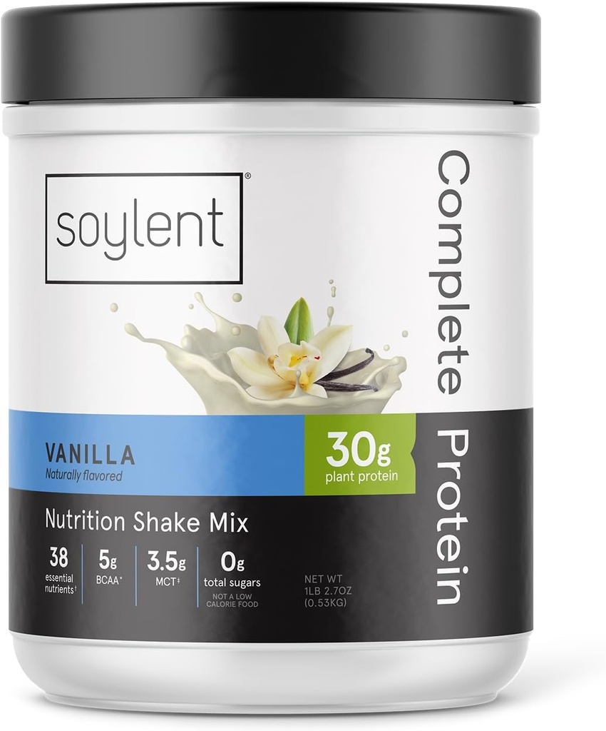 Soylent Complete Protein Powder, Vainilla, 30g Protein Shake para el crecimiento muscular y la recuperación, BCAAs, DHA, MCT, 28 Vitaminas & Minerales, Zero Sugar, Gluten Free, Vegan - 1.25lb