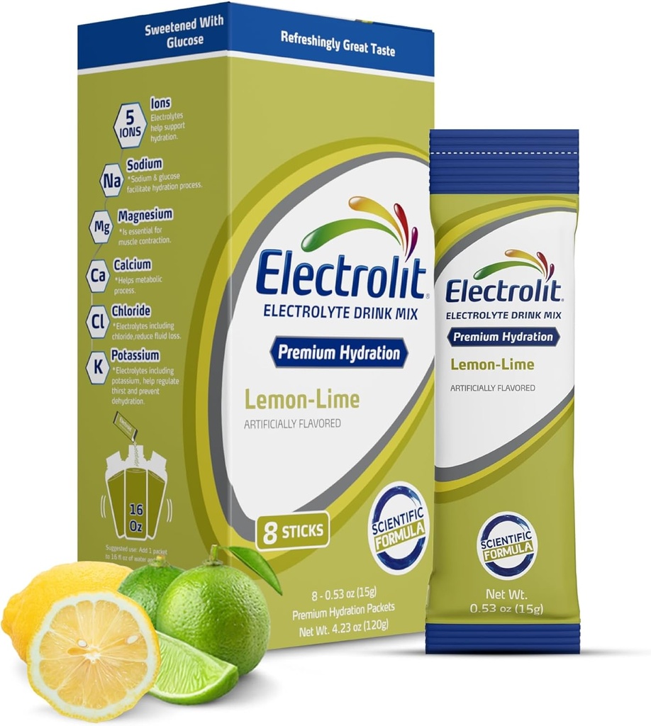Electrolit Electrolytes Embalajes de polvo, Limo de limón 8 Pack, Embalajes de hidratación para la deshidratación " Rehidratación, Post Workout Flavored Hydrating Drink Mix, Gluten Free Daily Water Enhancer Sticks