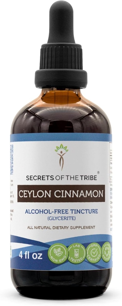 Secretos de la Tribe Ceylon Cinnamon Tintura Extracto líquido libre de alcohol, Ceylán Canela (Cinnamomum Verum) Barco seco (4 FL OZ)