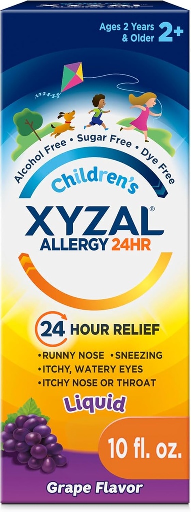 Xyzal Children's 24 Hour Alergy Relief Medicine for Kids, Levocetirizine Dihydrochloride Liquid Antihistamine, Grape, 10 Fl. oz.