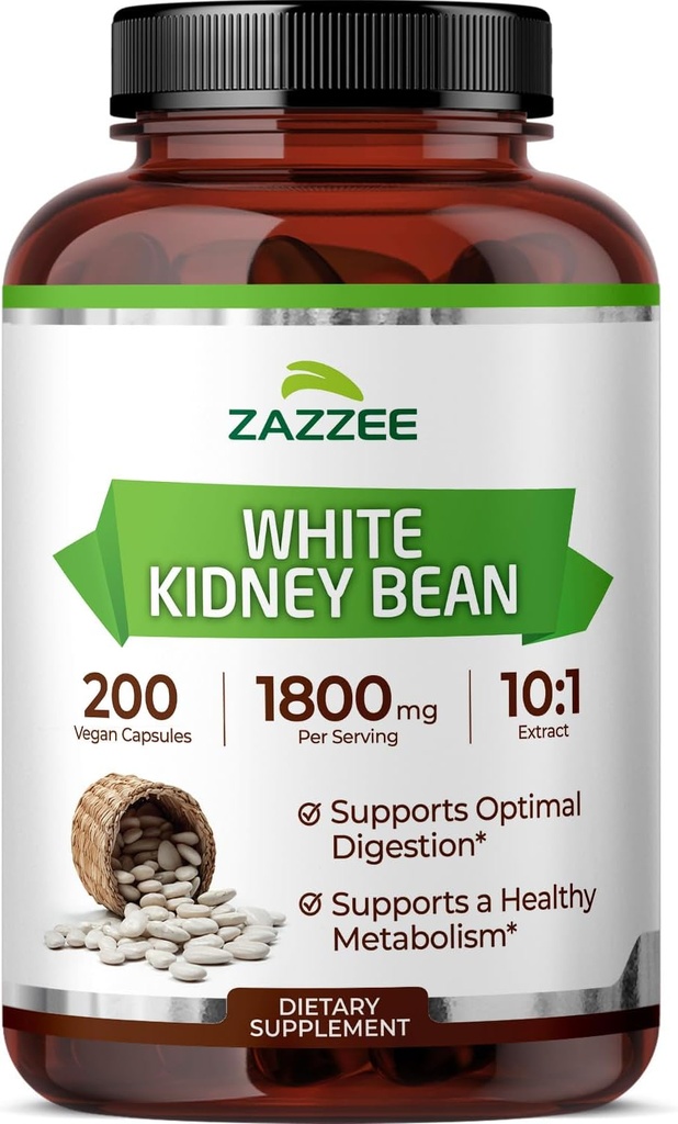 Zazzee White Kidney Bean 10:1 Extracto, 1800 mg por Serving, 200 cápsulas Vegan, Más de 2 meses de suministro, Estándarizado, Concentrado 10X Extracto, 100% Vegetariano, All-Natural y No GMO, Hecho en los EE.UU.