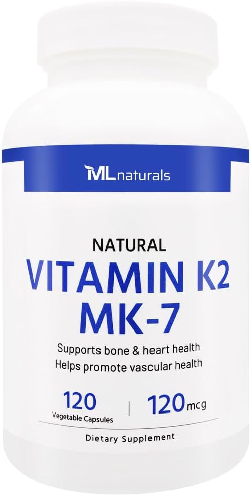 ML Naturals Vitamina Natural K2 MK-7 120 mcg 120 Vegetable Capsules. Natural MK-7/99% All-Trans MK-7. Admite Bone & Heart Health, ayuda a promover la salud vascular, NSF-Certified & cGMP-Compliant.