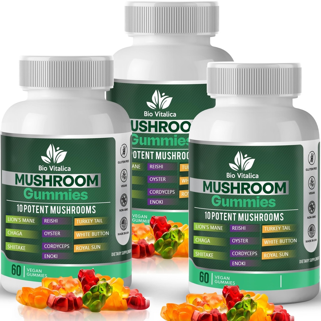 Mushroom Gummies – 10 Mushroom Complex with Lion’s Mane, Reishi, Chaga, Cordyceps &amp; More – Fruity Vegan Gummies – Non-GMO, Gluten-Free, Plant-Based – 3 Packs