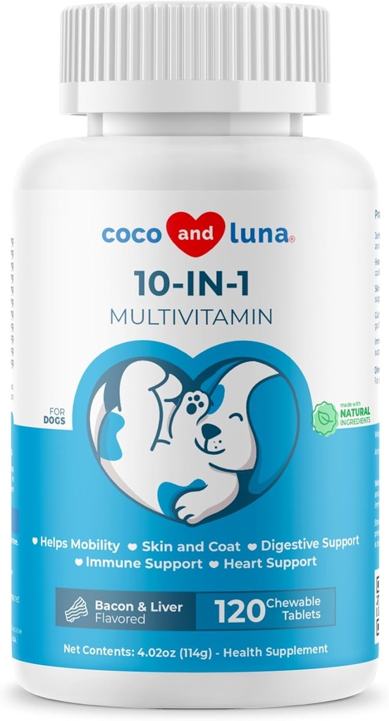 10 in 1 Multivitamin for Dogs - 120 Chewable Tablets with Glucosamine and Chondroitin - Fish Oil & Vitamins with Coq10 for Skin & Heart Health, Gut & Immune Support