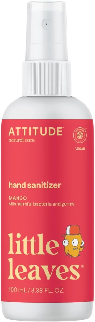 ATTITUDE Hand Sanitizer Spray for Kids &amp; Adults, EWG Verified, Travel Size, Dermatologically Tested, Plant and Mineral Based, Vegan, Mango, 3.5 Fl Oz (Spray Bottle)