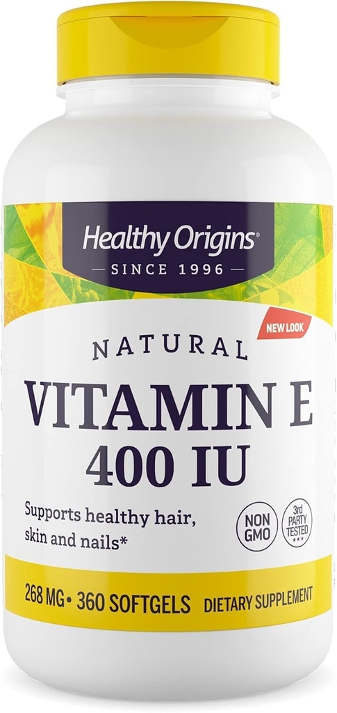 Orígenes saludables Vitamina E 400 UI (Natural, no GMO, Gluten Free, Skin Support, Cardiovascular Support), 360 Softgels