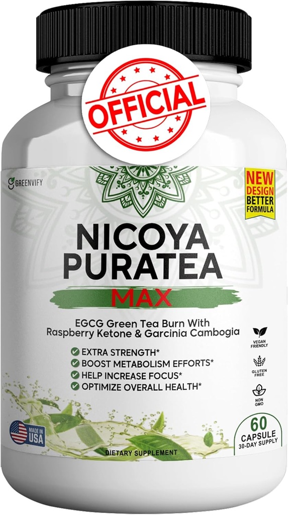 Nicoya PuraTea Max Green Tea Extract &amp; Green Coffee Bean for Metabolism Support, Natural Energy Boost, Antioxidant-Rich Supplement – 60 cápsulas