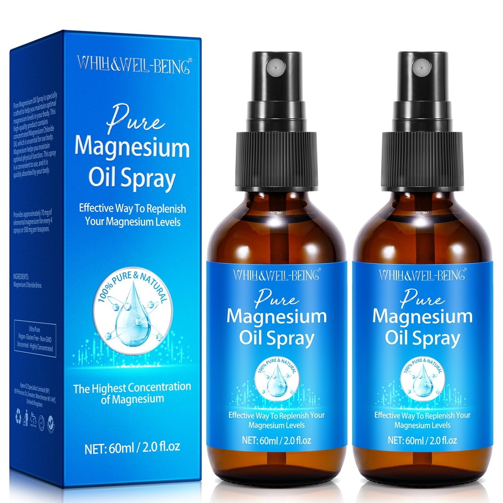 Espray de magnesio, spray de aceite de magnesio puro para pies, ingredientes naturales en botella de vidrio, fácil de absorber y utilizar 2Pack