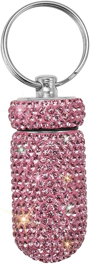 Portable Pill Case Pill Container Waterproof Pill Holder with Keychain Bling Pill Box Medicine Dispenser Bottle Storage for Outdoor Camping Travel (Pink)