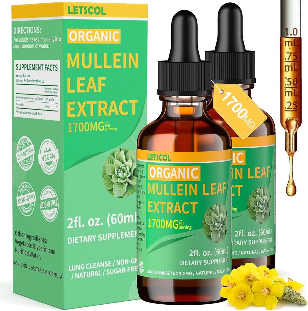 Organic Mullein Drops for Lung Cleanse, Powerful 1700mg Mullein Leaf Extract for Immune & Respiratory Support, Natural Mullein Supplement Tincture Drops Non-GMO & Vegan, 2 Fl Oz