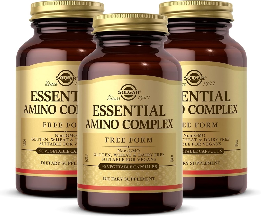 Complejo de amino esencial de Solgar, 90 cápsulas vegetales (Pack of 3) - Aminoácidos esenciales de forma libre - No GMO, Vegan, Gluten Gratis, Dairy Free, Kosher - 270 Total Servings