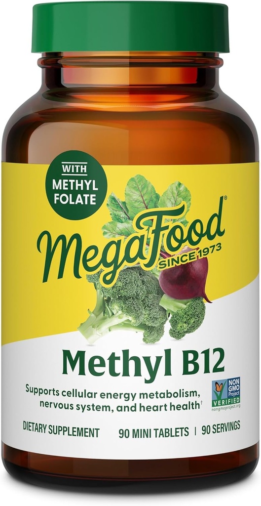 MegaFood Methyl B12 - Vegan - Incluye folato de metil, vitamina B12 &amp; B6 - Soportes Producción de energía celular, sistema nervioso Salud " Función cardiovascular - 90 Tabletas