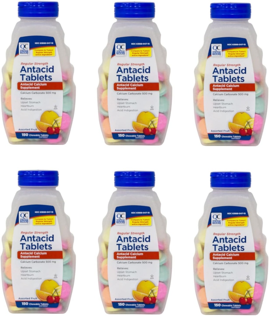 Quality Choice Regular Strength Calcium Carbonate 500 mg Antacid Chewable Tablets, 150 Count - Pack of 6