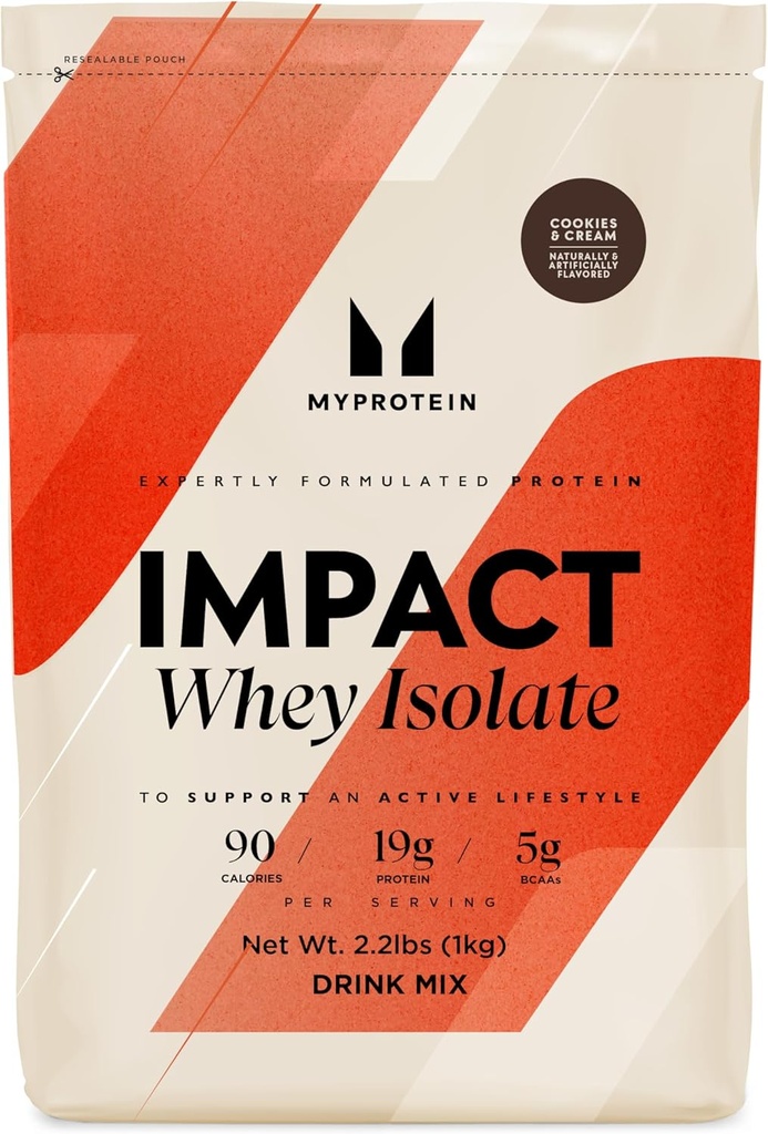Myprotein Impact Whey Protein Isolate, 2.2 Lbs (40 Servings) Cookies " Cream, 19g Protein, 3.5g Glutamine " 4.5g BCAA Por Serving, Protein Shake for Muscle Strength " Recovery