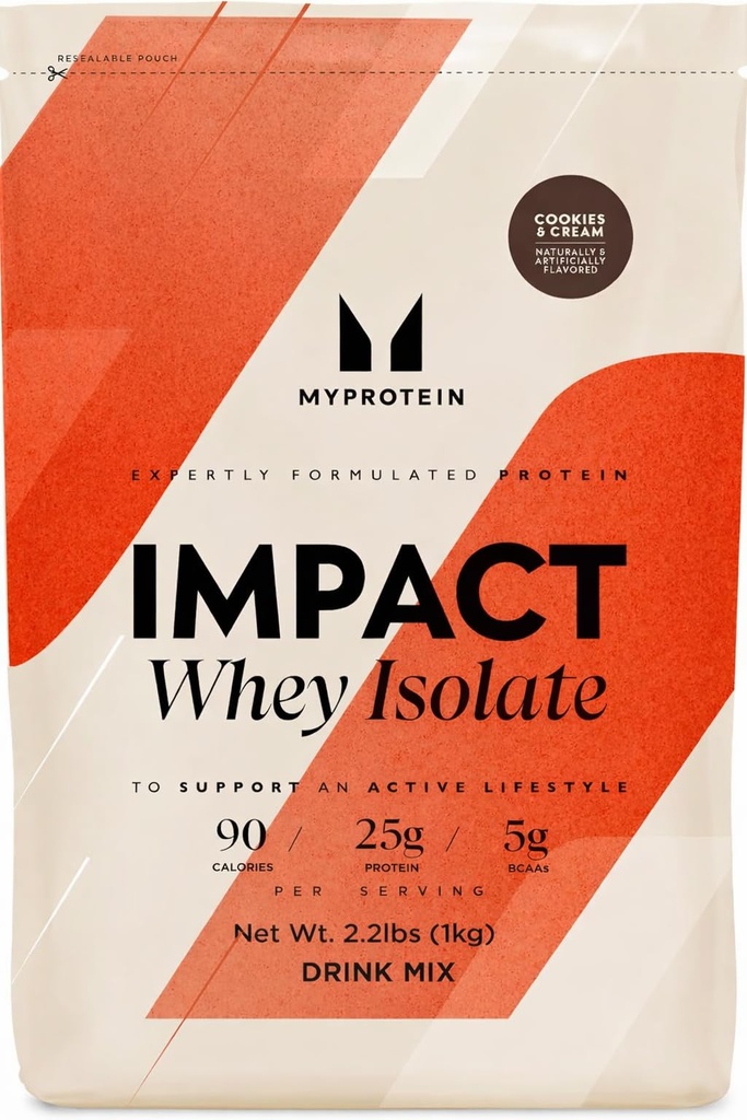 Myprotein Impact Whey Protein Isolate, 2.2 Lbs (40 Servings) Cookies " Cream, 19g Protein, 3.5g Glutamine " 4.5g BCAA Por Serving, Protein Shake for Muscle Strength " Recovery