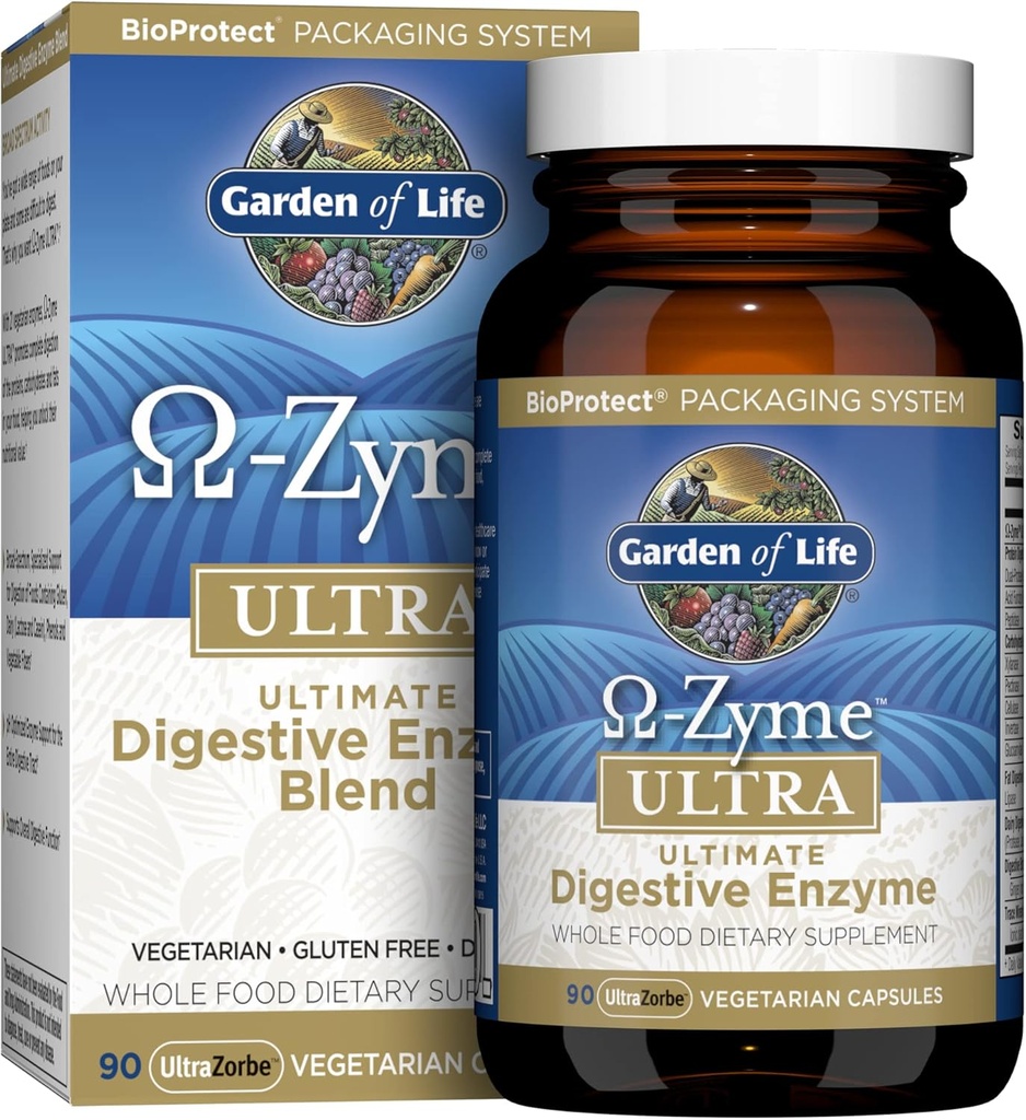 Garden of Life Vegetarian Digestive Supplement Capsules, Omega Zyme Ultra Enzyme Blend for Digestion, Bloating, Gas and IBS, Unflavored, 90 Count