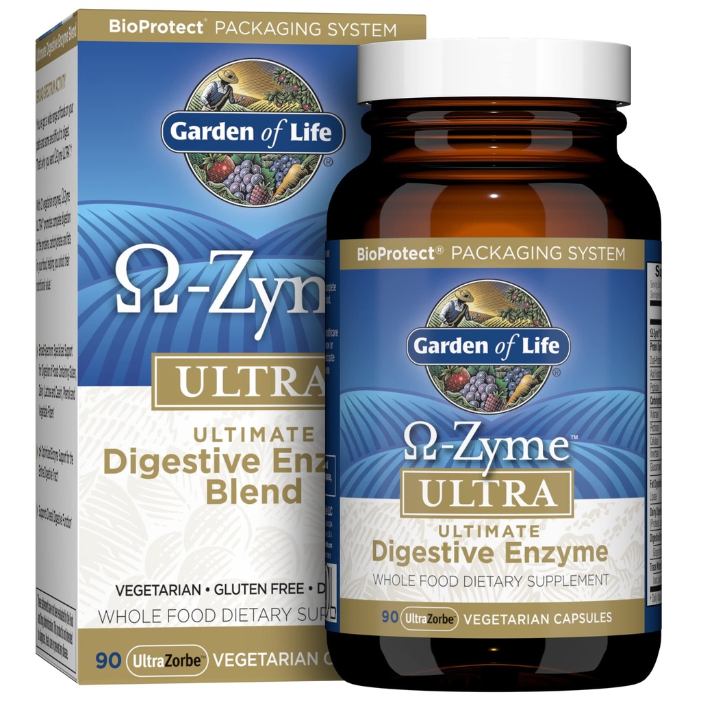 Jardín de Vida Suplemento Digestivo Vegetariano Capsules, Omega Zyme Ultra Enzyme Blend para la Digestión, Bloating, Gas e IBS, Desflavorado, 90 Conde