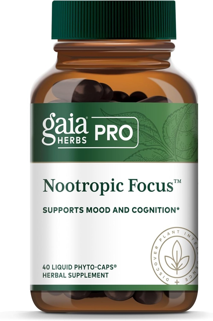 GAIA HERBS PRO Nootropic Focus - Brain Health Support Supplement* - Nootropic Supplement with Saffron, Ginkgo Leaf Extract " Lemon Balm - Vegan, Gluten-Free - 40 Liquid Phyto-Caps (20 Servings)