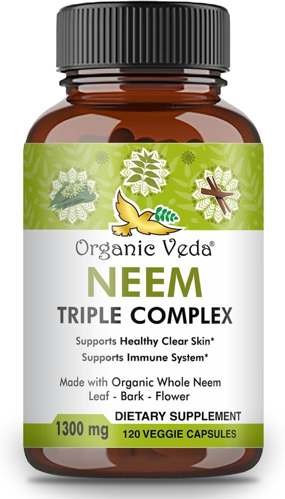 Orgánica Veda Neem cápsulas con triple complejo Neem Leaf Extracto, Bark & Flower - Herbal Suplemento Boost Immunity, mejora la digestión, la salud de la piel &amp; la limpieza de soporte - 120 cuenta