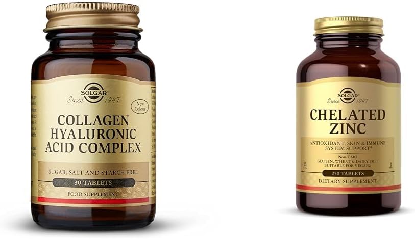 SOLGAR Collagen Hyaluronic Acid Complex, 30 Tablets - Collagen hidrolizado Tipo 2 - Ayudas " Chelated Zinc, 250 Tablets - Zinc for Healthy Skin - Supports Cell Growth & DNA Formation