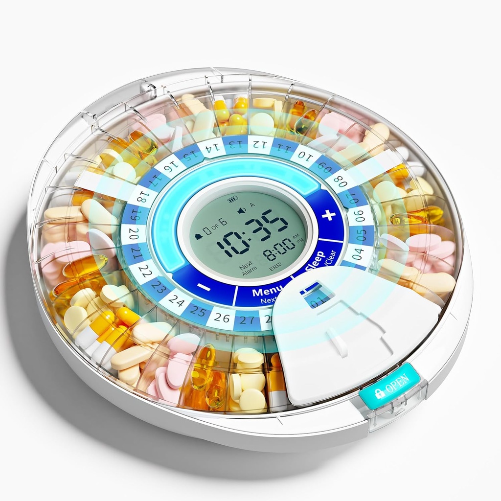 Dispensador automático de píldoras mejorado para las personas de edad con Alarma, máquina de dispensador inteligente de píldoras con 28 ranuras, tecnología mix-proof &amp; LCD XL, Durabilidad mejorada para la gestión diaria de medicina