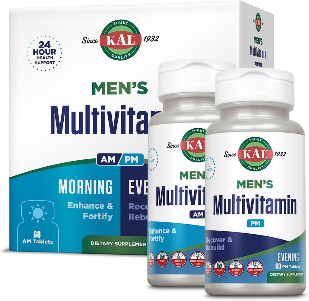 Multivitamina AM/PM de los hombres KAL, suplemento de antioxidantes, musculo, inmuno, equilibrio electrolítico, apoyo general de bienestar, hecho sin transgénicos y soya, vegano, 30 servidos, 120 tabletas