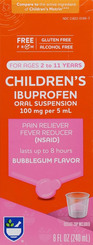 Rite Aid Children's Ibuprofen, Ages 2-11, Bubble Gum - 8 oz | Kids Pain Reliever & Fever Reducer | for Children Ages 2 to 11 Years | Ibuprofen Oral Suspension 100 mg/5 mL | Alcohol Free & Gluten Free