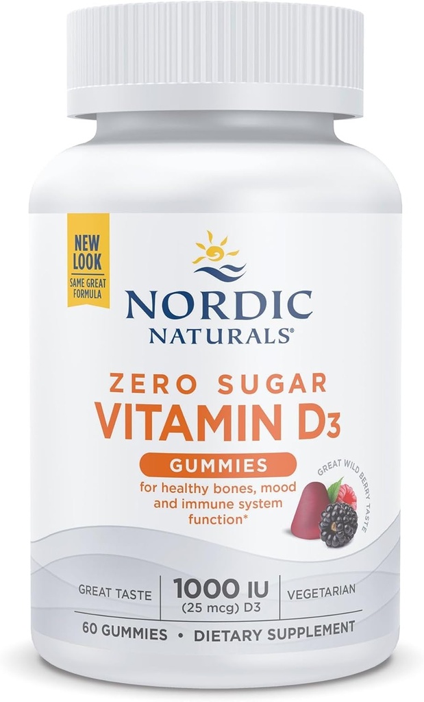 Naturales nórdicos Cero Sugar Vitamina D3 Gummies, Berry salvaje - 60 Gummies - 1000 UI Vitamina D3 - Gran sabor - Huesos saludables, Mood &amp; Immune System Función - No GMO - 60 Servimientos