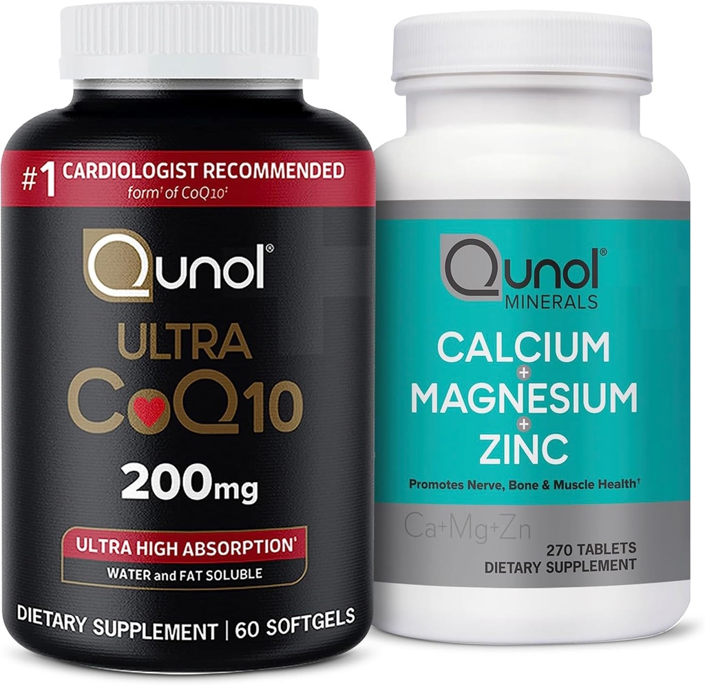 Cunol CoQ10 200mg Softgels, Ultra Alta Absorción Coenzima Q10 Suplementos - 2 Mes Fuente - 60 Conde Magnesio 3 en 1 Tablas con Calcio, Magnesio & Zinc, 270 Conde