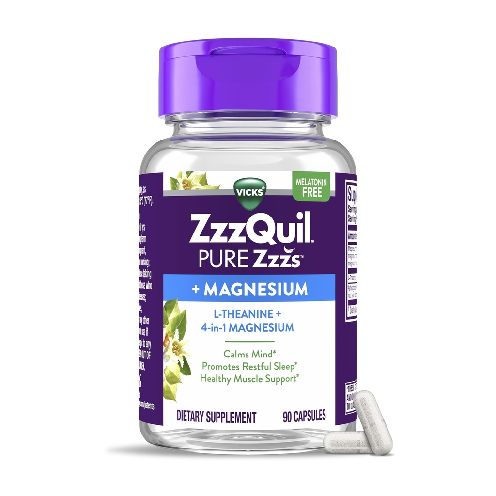 ZzzQuil Pure Zzzs, +Magnesium Capsules, L-Theanine y Magnesium, Sleep Aid, 4-in-1 Magnesium: Citrate, Bisglycinate, Oxide y Carbonate, Sleep Aids for Adults, 90 Sleep Capsules