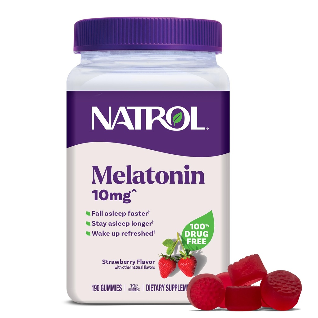 Natrol Melatonin Gummies, Apoyo al sueño, 190 Adulto de sabor a fresa Melatonina Gummies, 10 mg Ayudas al sueño para adultos