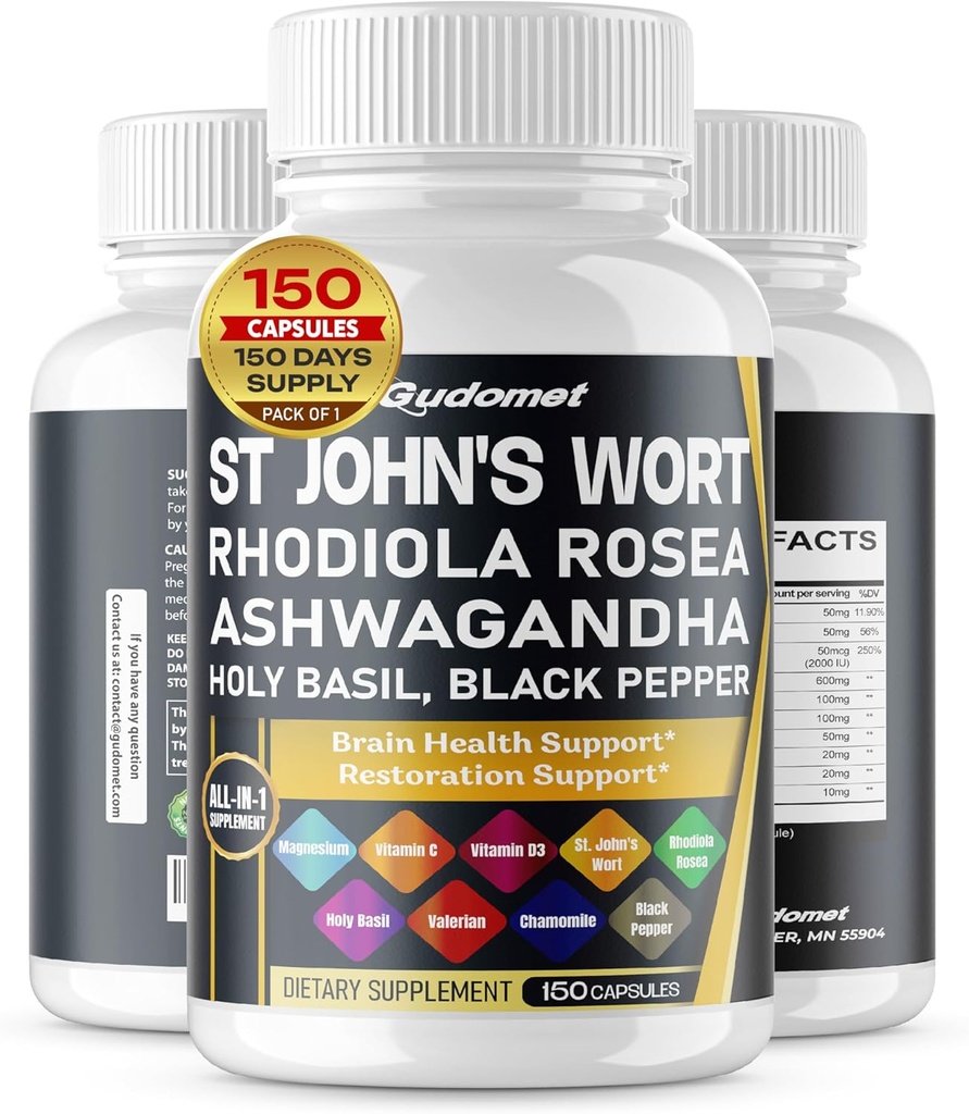 St. John's Wort Rhodiola Rosea Ashwagandha Holy Basil Valerian Chamomile Black Pepper -150 Capsules- Made in USA