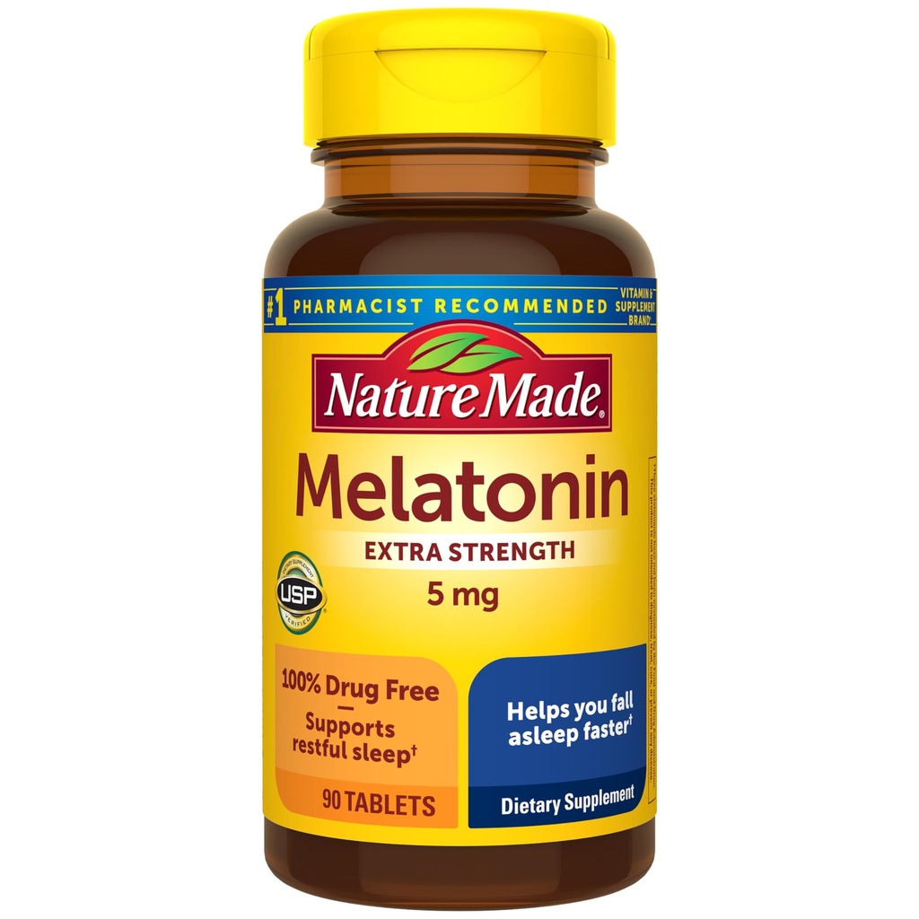 Nature Made Melatonin 5mg Tablets Extra Strength, 100% Drug Free Sleep Aid for Adults, 90 Tablets, 90 Day Supply