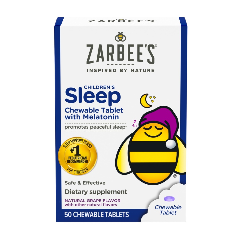 Zarbee's Kids Melatonin Chewable Tablet, 1mg Melatonin, Drug-Free &amp; Effective Sleep Supplement, Natural Grape Flavor, No Artificial Sweeteners or Dyes, Gluten Free, Ages 3+, 50 ct