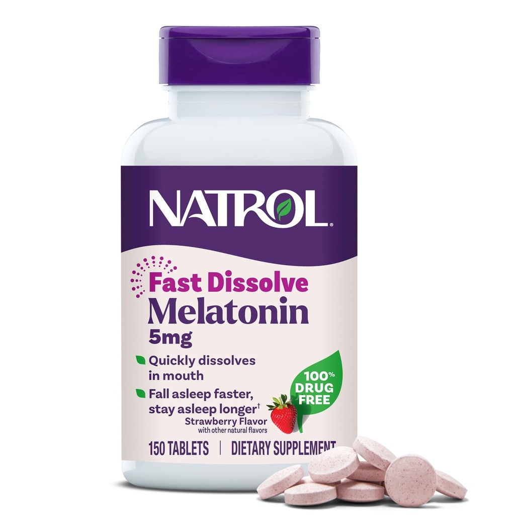 Natrol Melatonin 5mg Tablas rápidas de disuelto, Suplementos de Apoyo al sueño para adultos, Sabor de Fresa, 150 Tabletas, hasta 150 Day Supply