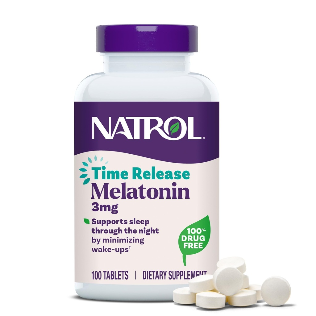 Natrol Melatonina 3 mg Time Release, Dietary Supplement to Minimize Wake Ups, Nighttime Sleep Aid, 100 Tablets, Hasta 100 Day Supply