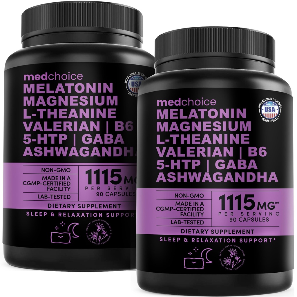 12-in-1 Melatonina cápsulas de sueño - Ayudas naturales para el sueño para adultos con Melatonina 5 mg y Magnesium Glycinate 500mg, Ayuda para el sueño con Ashwagandha, L Theanine, Valerian Root, GABA, 5-HTP (90ct, Pack de 2)