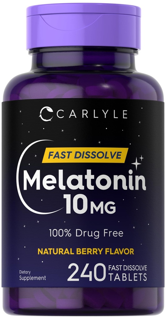 Carlyle Melatonin 10mg Fast Dissolve Tablets TEN 240 Conde ← Berry Flavor TEN 100% Drug Free ← Vegetarian, Non-GMO, Gluten Free Supplement