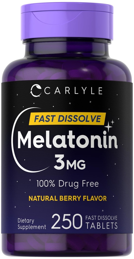 Carlyle Melatonin 3mg Fast Dissolve Tablets ← 250 Conde ← Low Dose and Drug Free ← Vegan, Non-GMO, Gluten Free