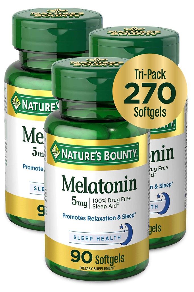 Bounty Melatonin 100% Drug Free Sleep Aid, Suplemento dietético, promueve la relajación y la salud del sueño, 5 mg, 90 Conde, Pack de 3