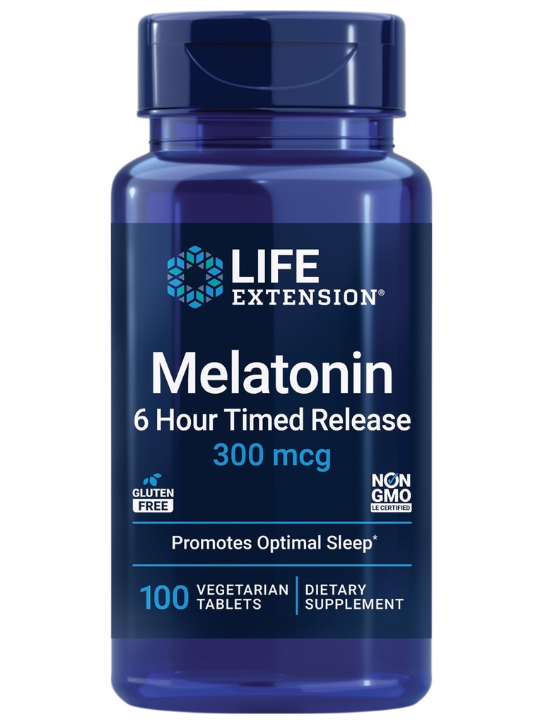 Extensión de la vida Melatonin 6 horas de liberación, 300 mcg, Fórmula de liberación extendida para el apoyo suave al sueño, Ritmos circadianos saludables, Defensa celular, Libre de gluten, No GMO, Vegetariano, 100 Tabletas