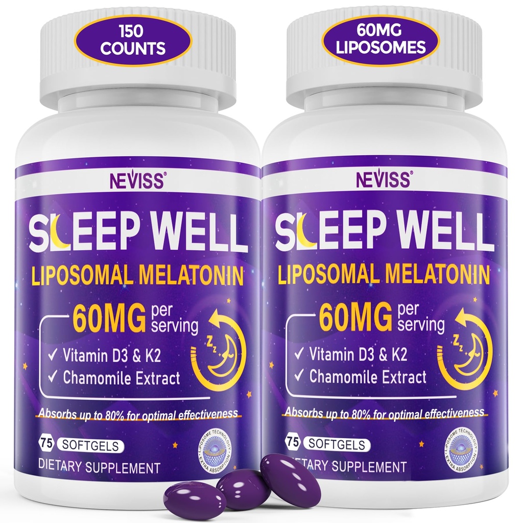 Melatonina 60mg para adultos de alta dosis, apoya la cognición del cerebro del descanso profundo, la melatonina liposómica de fuerza extra con vitamina D3 K2, manzanilla, para el ciclo de sonido Zzz, inmuno &amp; antioxidante, 150 Softgels