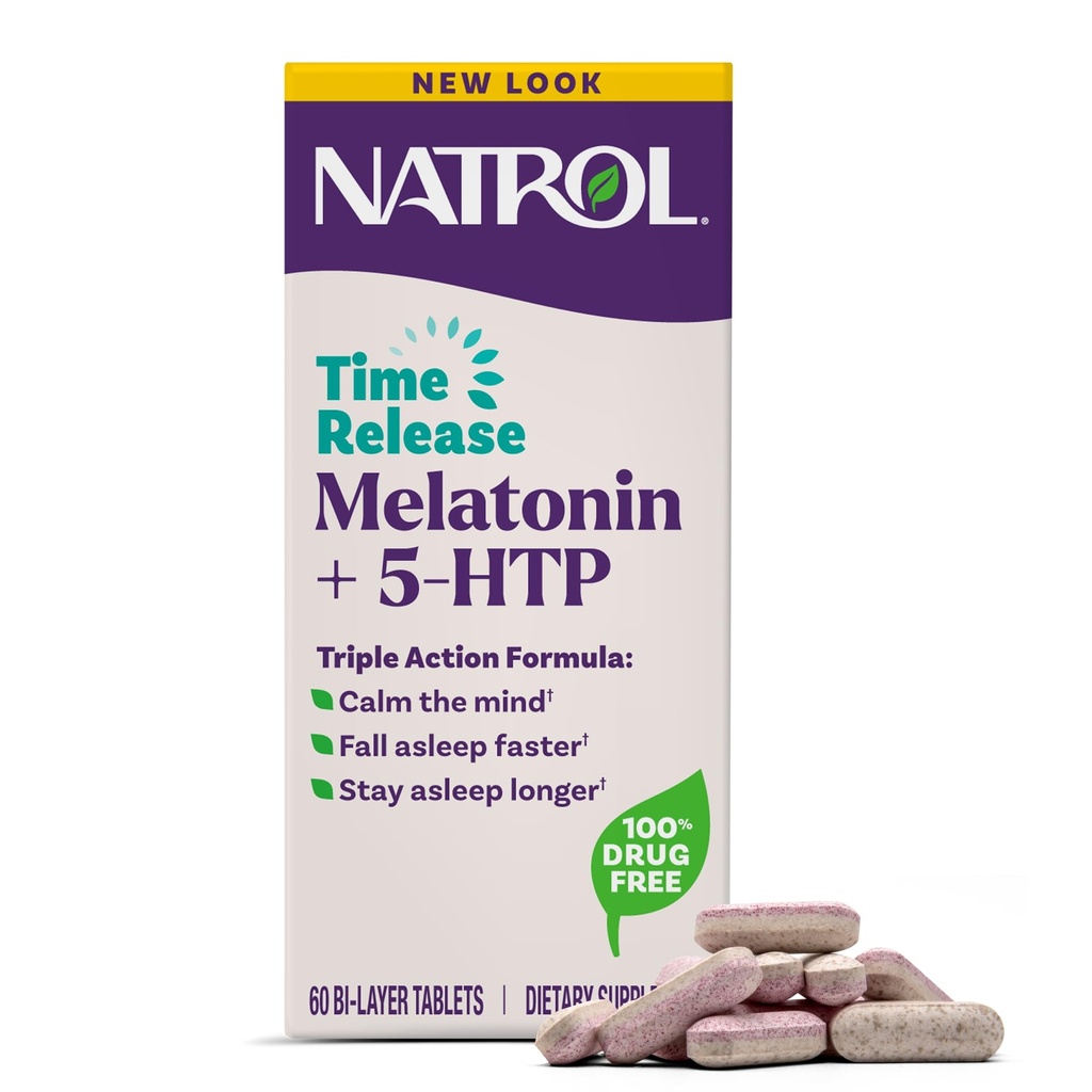 Natrol Melatonina + 5-HTP Time Release Sleep Aid, Triple Action Formula, Calm the Mind, Fall Asleep Faster y Stay Asleep Longer, 60 Bi-Layer Tablets, Hasta 60 Day Supply