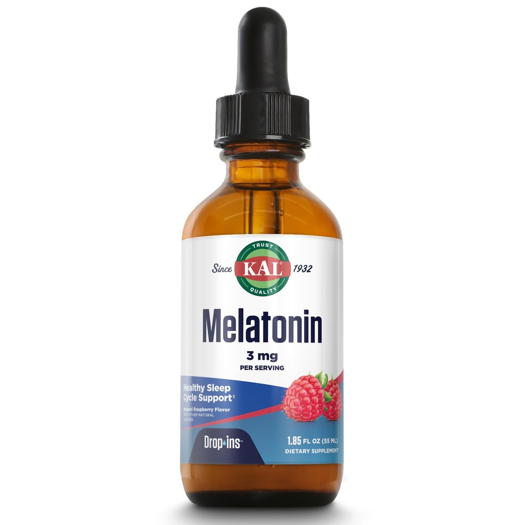 KAL Melatonin DropIns 3mg, Healthy Sleep Aid Support, Liquid Melatonin Drops for Optimal Absorption &amp; Calming Relaxation Support, Fast Acting, Natural Raspberry Flavor, Aprox. 55 Servings, 1.85oz