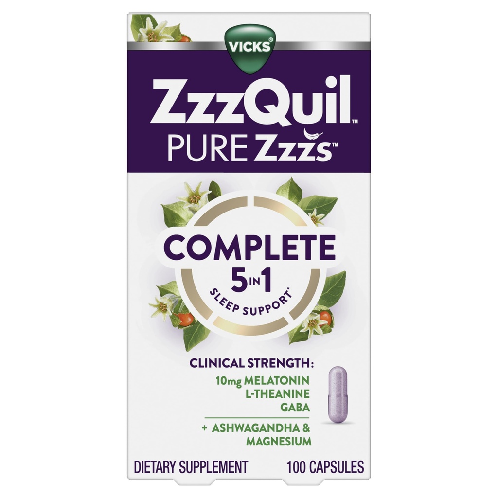 ZzzQuil Pure Zzzs Full Sleep, Melatonin 10mg, L-Theanine, GABA, con Ashwagandha y Magnesium, Melatonin Sleep Aid, 100 Count