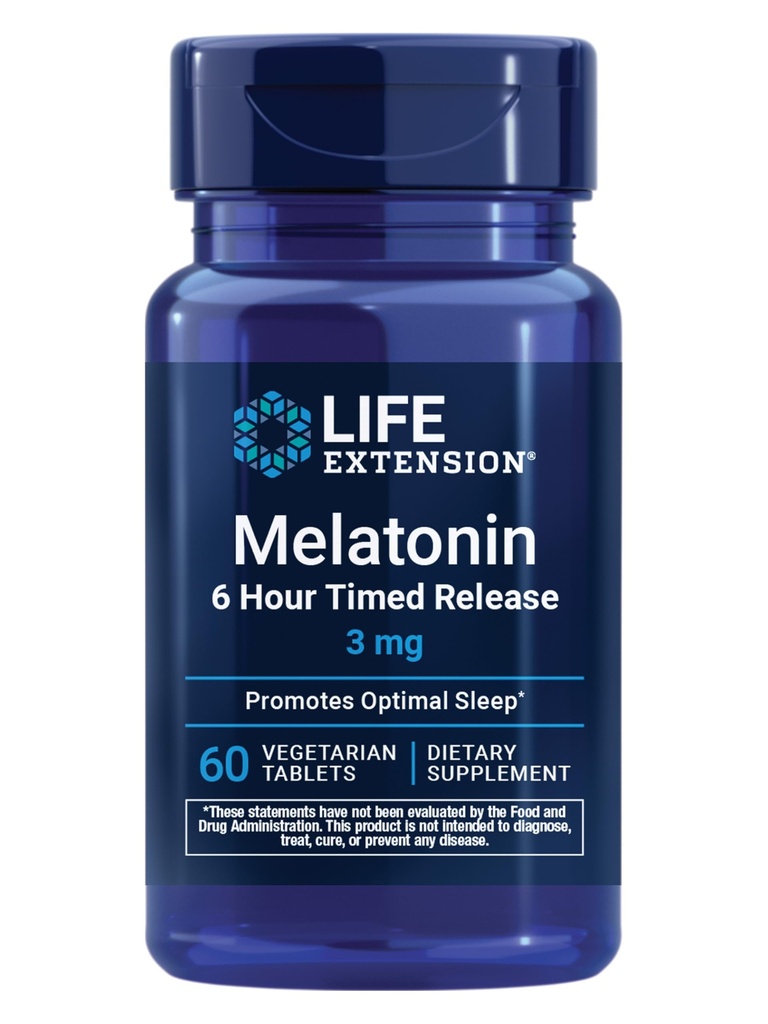 Extensión de la vida Melatonina 6 horas de liberación, 3 mg, Fórmula de liberación extendida para el apoyo al sueño óptimo, Ritmos circadianos saludables, Defensa celular, Libre de gluten, No GMO, Vegetariano, 60 Tabletas