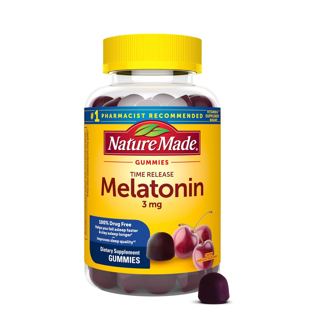 Nature Made Time Release Melatonin 3mg Gummies, 100% Drug Free Sleep Aid for Adults, 60 Melatonin Gummies, 60 Day Supply